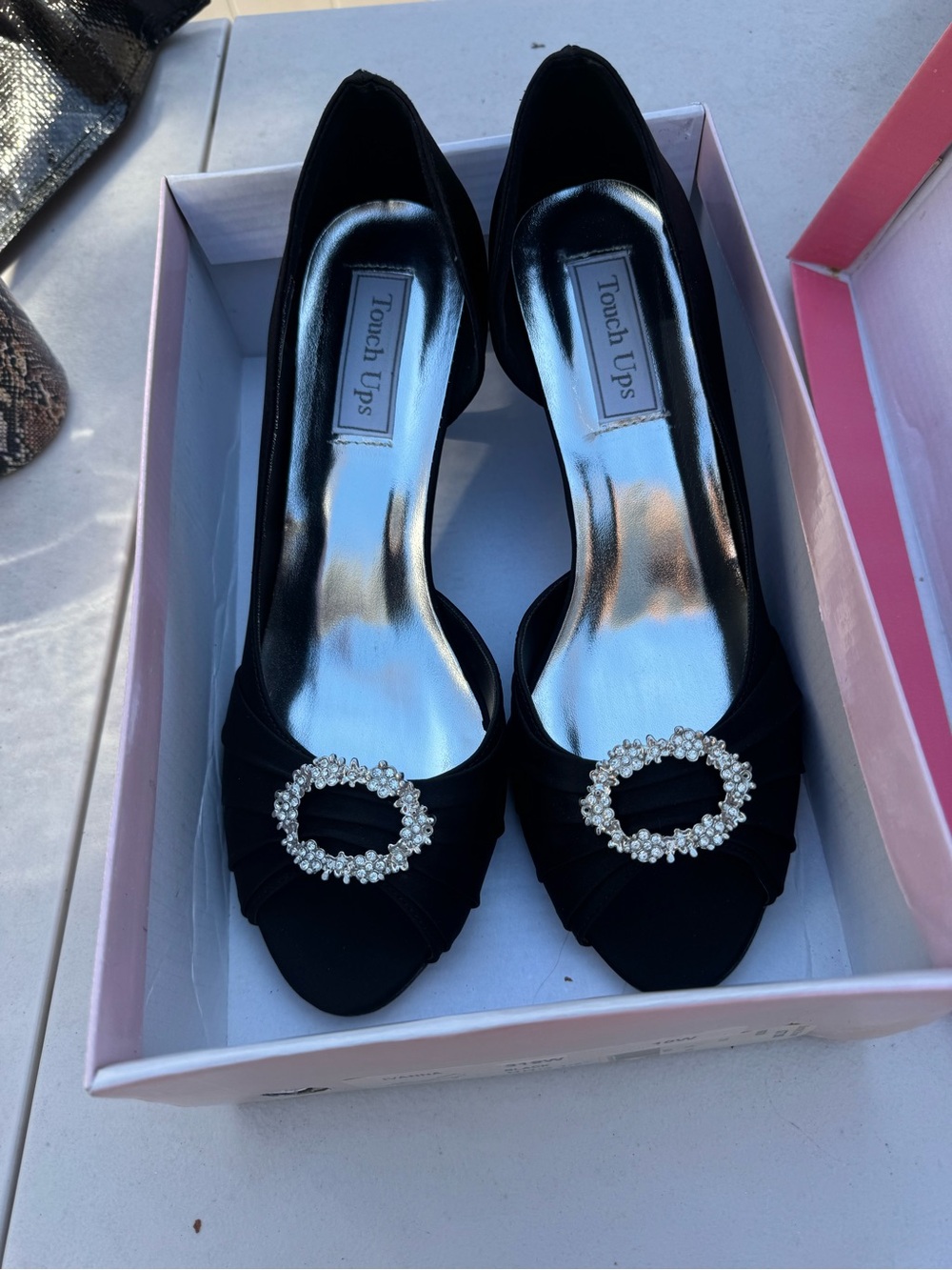 Touch Ups Black Peep-Toe Heels with Crystal Oval Buckle